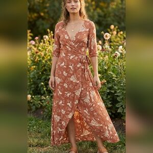 Cleobella Floral Fall Orange Wrap Maxi Dress Size Xs
